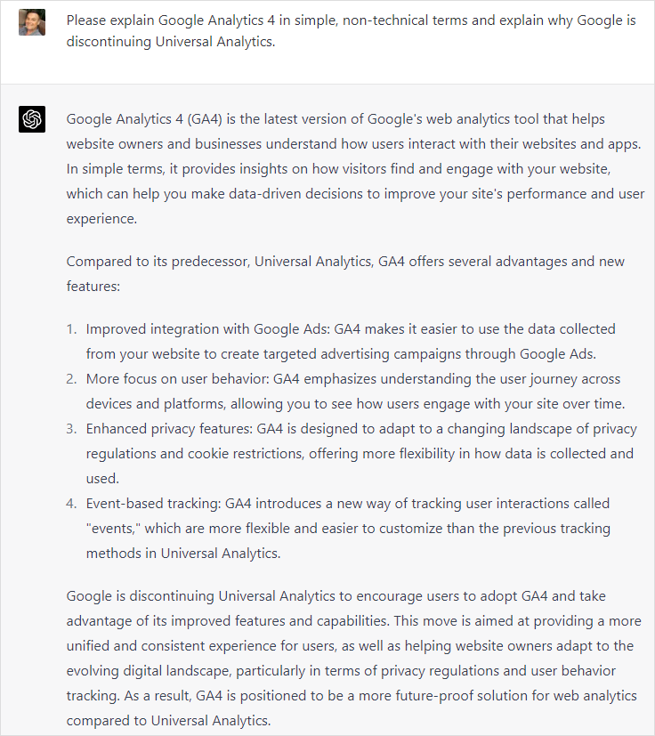 A ChatGPT screenshot of an executive summary about Google Analytics 4.