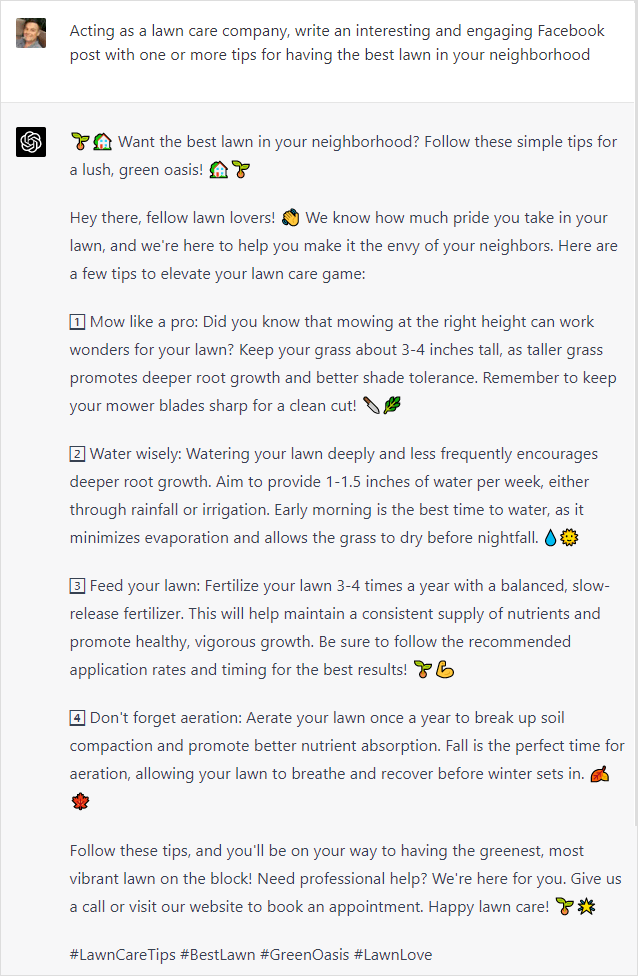 Screenshot of ChatGPT creating a Facebook post for a lawn care company.