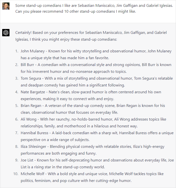 A ChatGPT screenshot recommending stand-up comedians I might like.