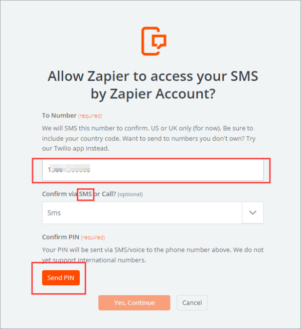 Allow Zapier to access your SMS by Zapier account? Confirm via SMS.