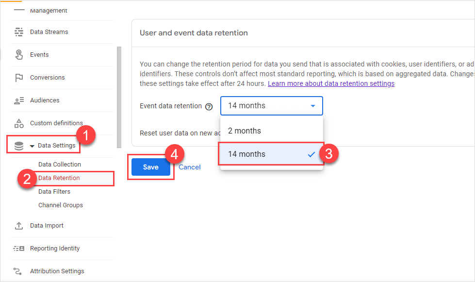 Go down to data settings, then data retention and select "14 months".