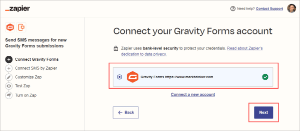 Little green checkmark confirming you've connected your Gravity Forms account.