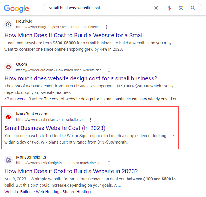 Google search: Small business website cost