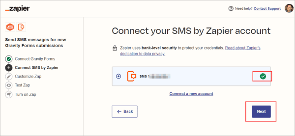 The little green checkmark confirming you've connected SMS by Zapier.