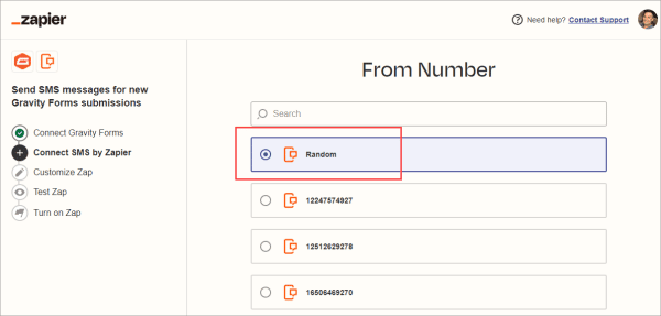 Select random phone number from SMS by Zapier.