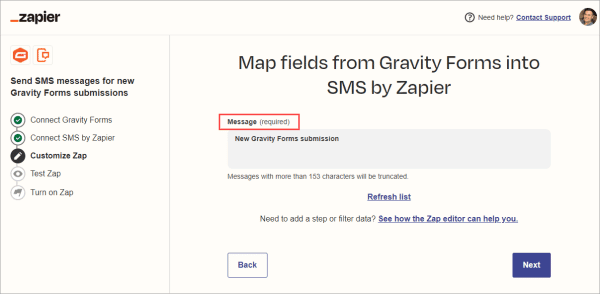 Map fields from Gravity Forms into SMS by Zapier