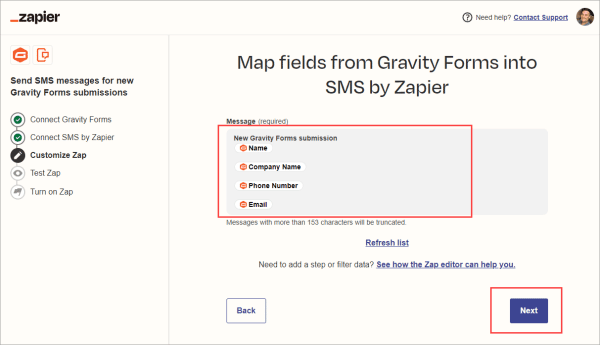 Map fields from Gravity Forms into SMS by Zapier: Custom Message